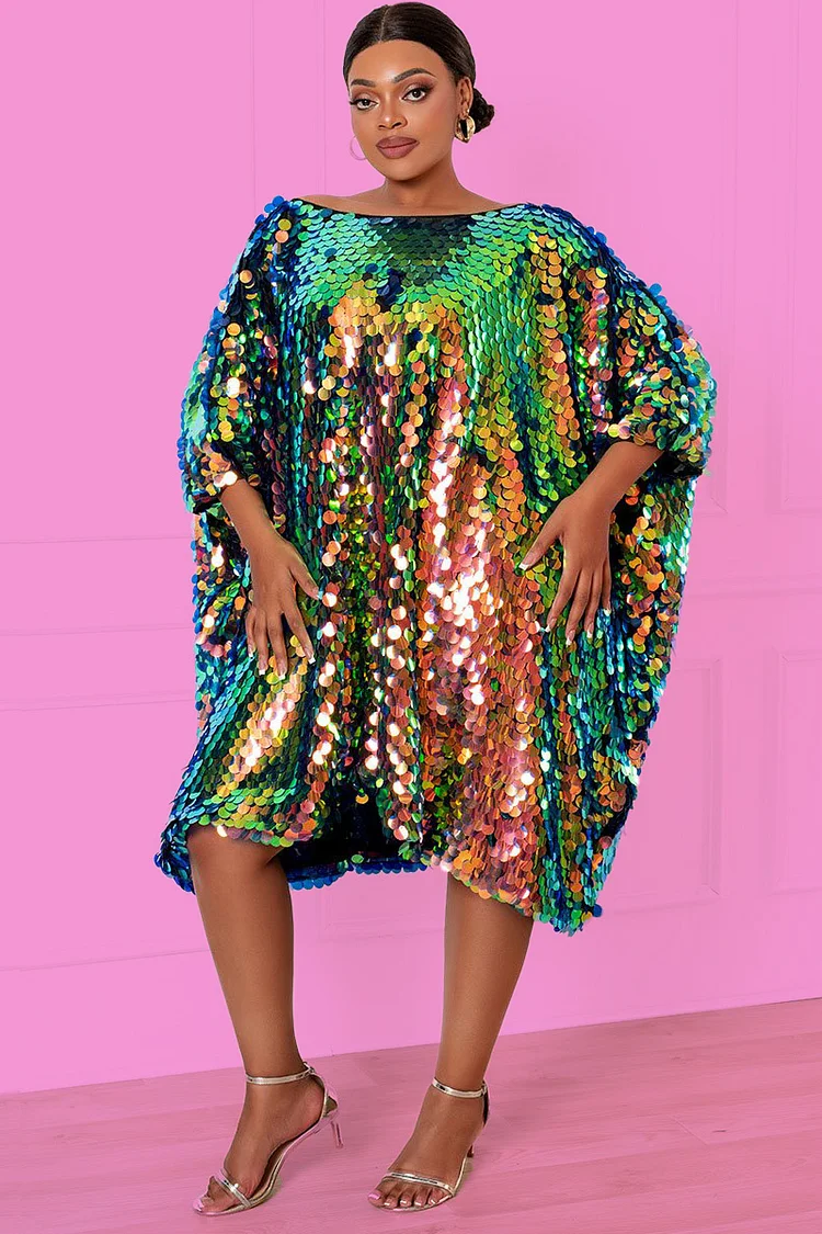 Xpluswear Design Plus Size Party Emerald Green Sparkly Iridescent Round Sequin Glitter Batwing Sleeves Loose Mini Dress