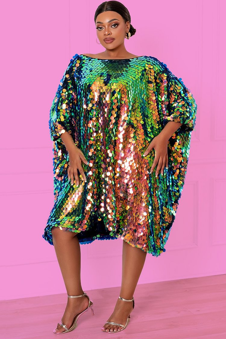 Xpluswear Design Plus Size Party Emerald Green Sparkly Iridescent Round Sequin Glitter Batwing Sleeves Loose Mini Dress