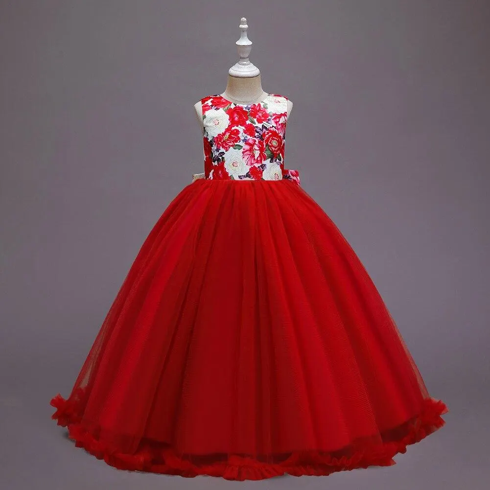 European Style Rose Pattern Big Girl Wedding Dresses Cute Children Party Customer of 10 Years Old Red Gown for Birthday