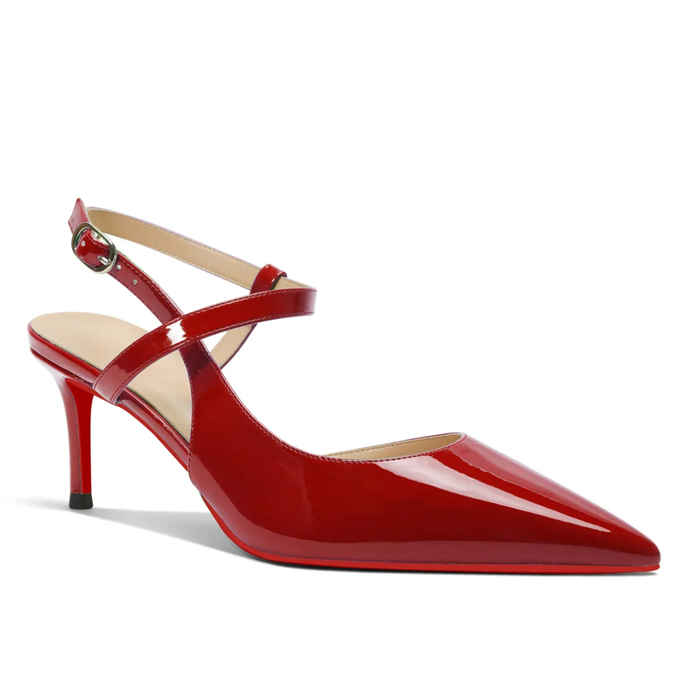 65mm Women Slingback Red Bottom Pumps Ankle Buckle Jenlove Stiletto Mid Heel Close Pointed Toe Dress Red Soles Sandals Shoes-MERUMOTE