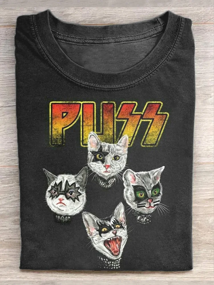 Teecade Teecade Unisex Funny Cat Rock Music Print Casual Short Sleeve T-Shirt