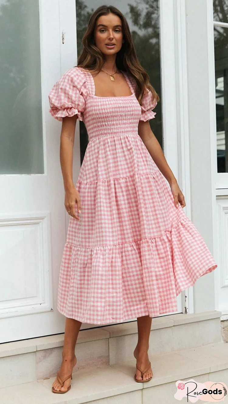 Plaid Bubble Sleeve Dress