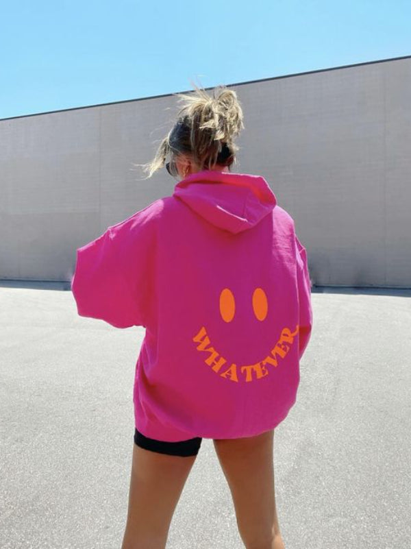 Women's Whatever Smiley Face Graphic Printed Preppy Hoodie