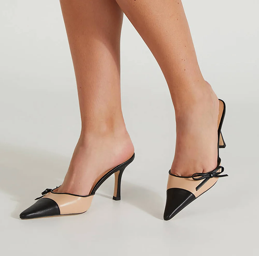Black & Beige Two-Tone Pointed Toe Bow Embellished High Heel Mules Nicepairs