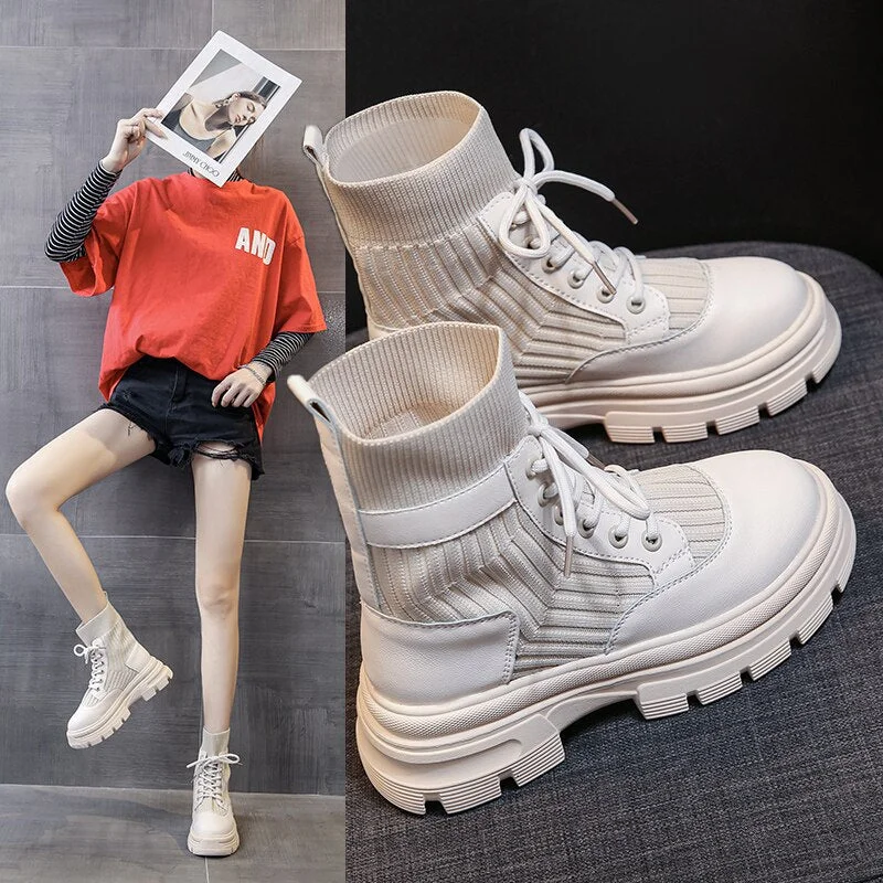Women's Sock Boots 2021 Fashion Lace Up Chunky Motorcycle Boots Female Beige Black Platform Ankle Boots Punk Casual Shoes Woman