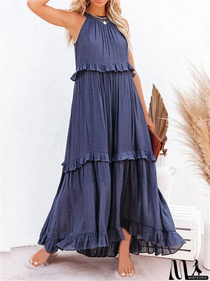 MidiSono - Romantic Ruffles Swing Sleeveless Halter Maxi Dress for Women