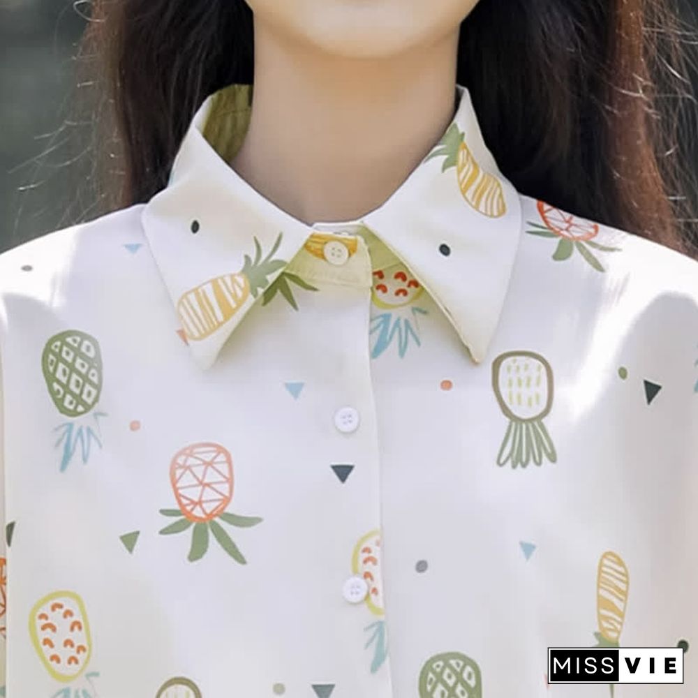 Vintage Pineapple Print Short Sleeve Casual Polo Shirt