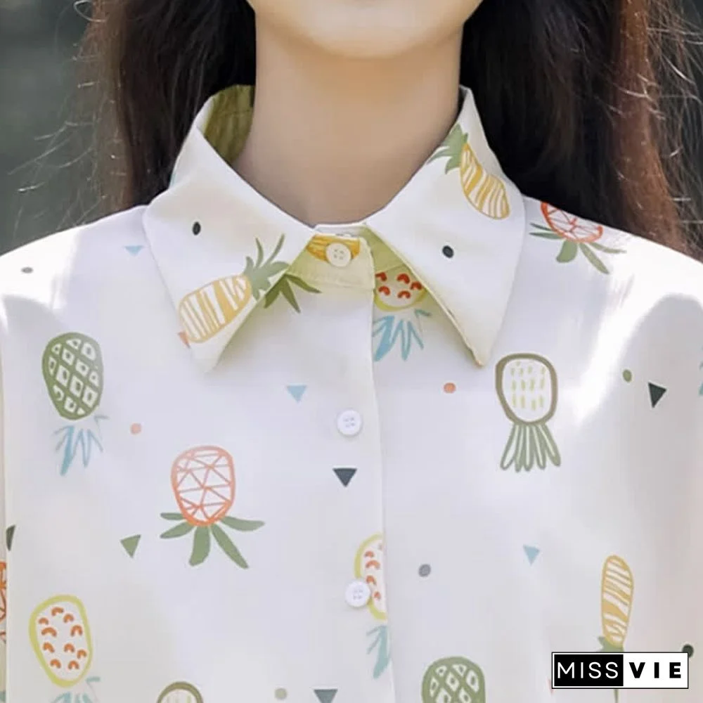 Vintage Pineapple Print Short Sleeve Casual Polo Shirt