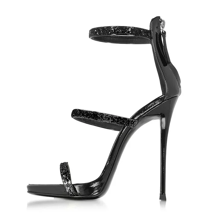 Black Patent Leather Stiletto Heel Glitter Dress Sandals for Women |FSJ Shoes