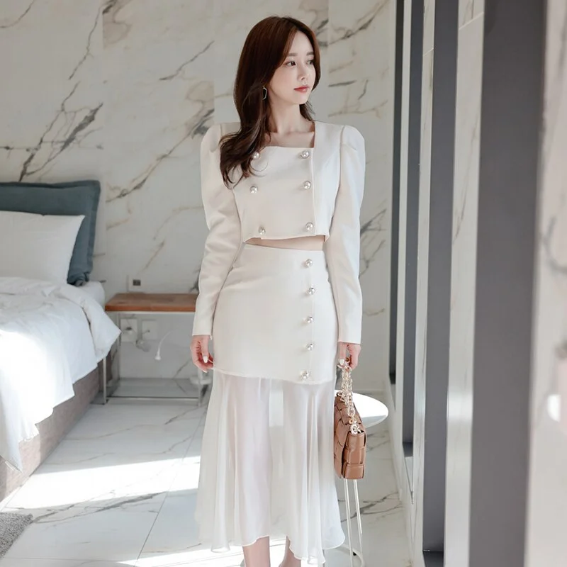 Billlnai  2023 Women spring Autumn High Waist Sheath Mermaid Suit skirt Work 2 Pieces Set Korean Double-breasted Chiffon White Simple Sets