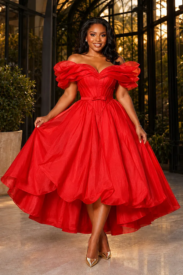 red a line dress midi Ruffled Off Shoulder Bowknot A-Line Party Dresses-Red [Pre Order] Made from non Category_Destination Wedding 90's bridesmaid dresses | Size:UK32