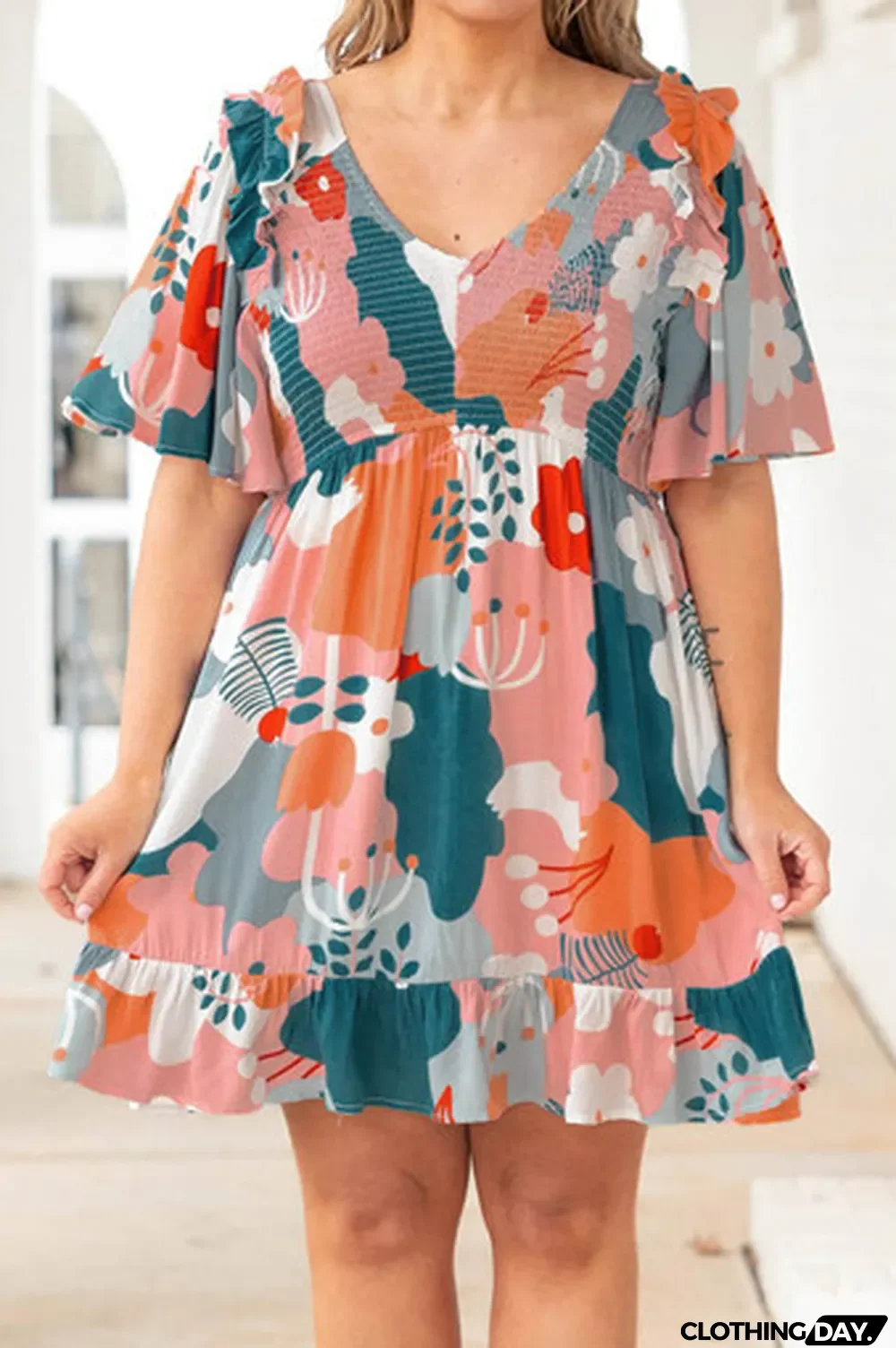 Multicolor Plus Size Shirred Mixed Print Ruffle Dress