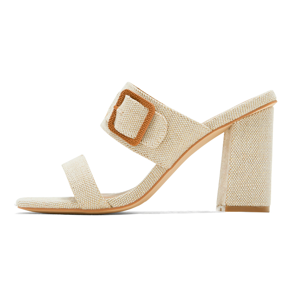 Beige Square Toe 3'' Block Heel Wide Band Mules with Buckle Nicepairs