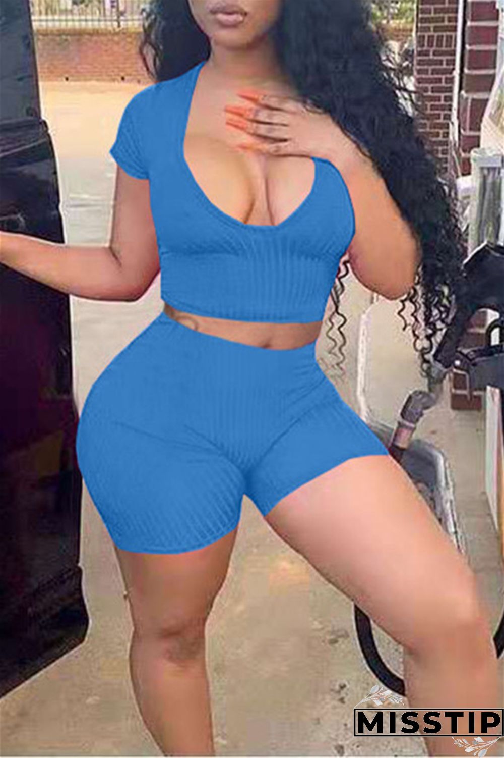 Orange Fashion Casual Solid Basic V Neck Short Sleeve Two Pieces