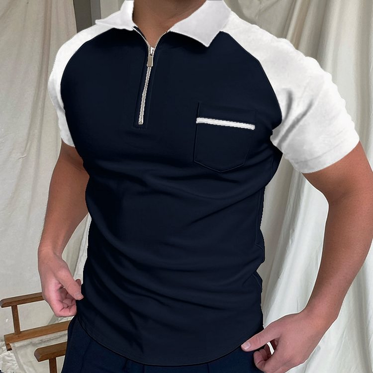 Color Blocked Summer Casual Zipper Short Sleeve Men's Polo Shirts
