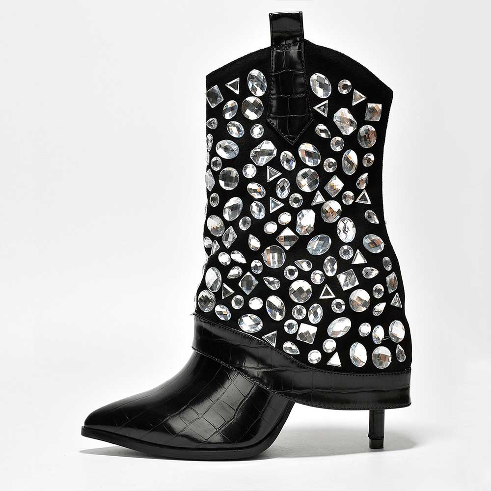 FSJ Black Croco Embossed Stiletto Crystal Mid-Calf Fold-Over Boots