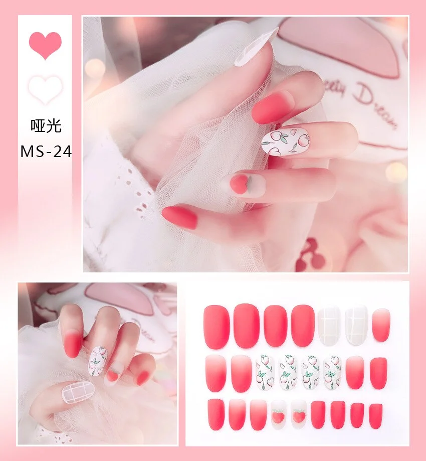 24pcs Matte False Nail Press On Nail With Glue Round Graffiti Fake Nail Manicure Nail Art Decoration  Nail Art Tools-Nail Inspo