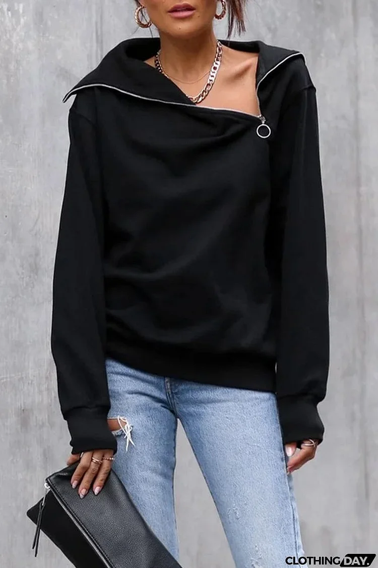 Street Solid Zipper Asymmetrical Collar Tops