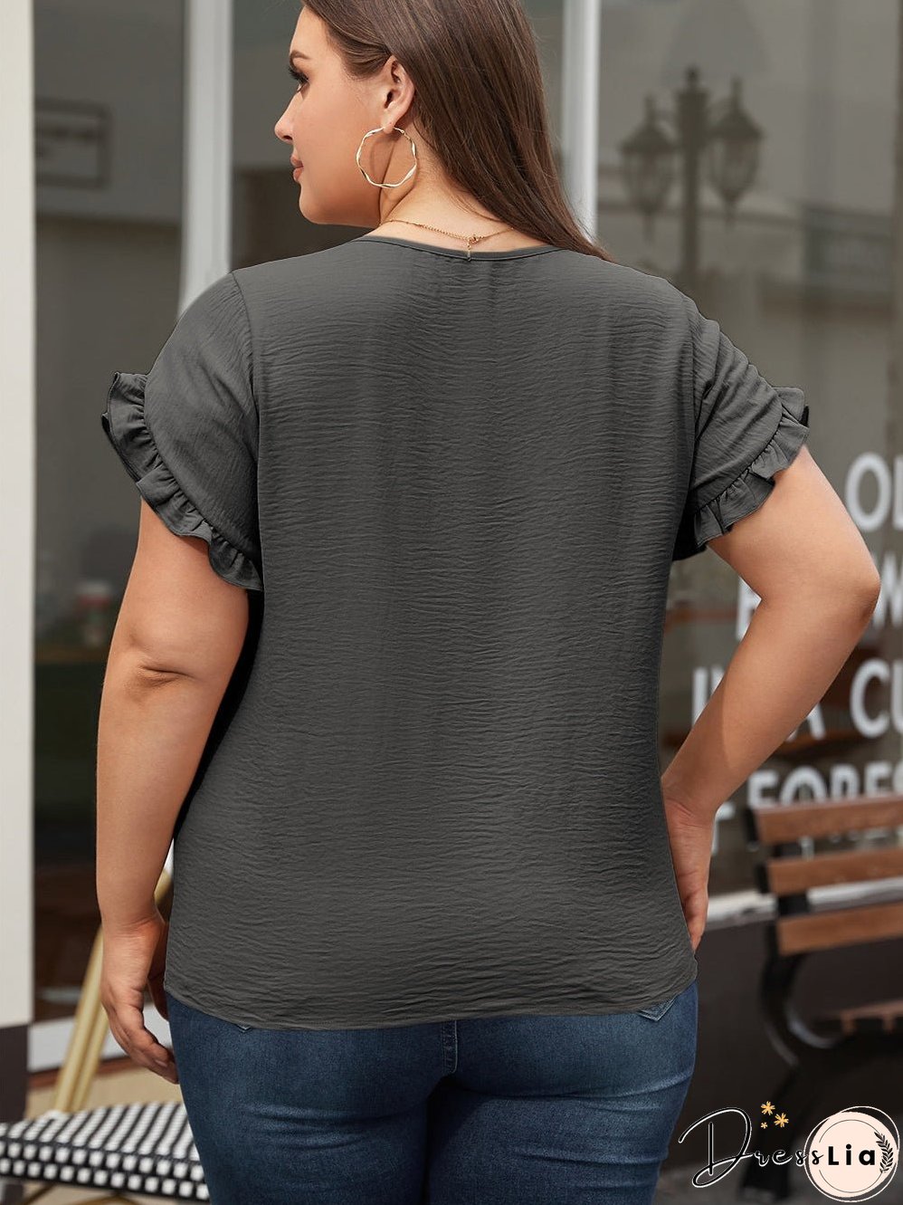 Dark Grey Ruffled Short Sleeve Plus Size Top