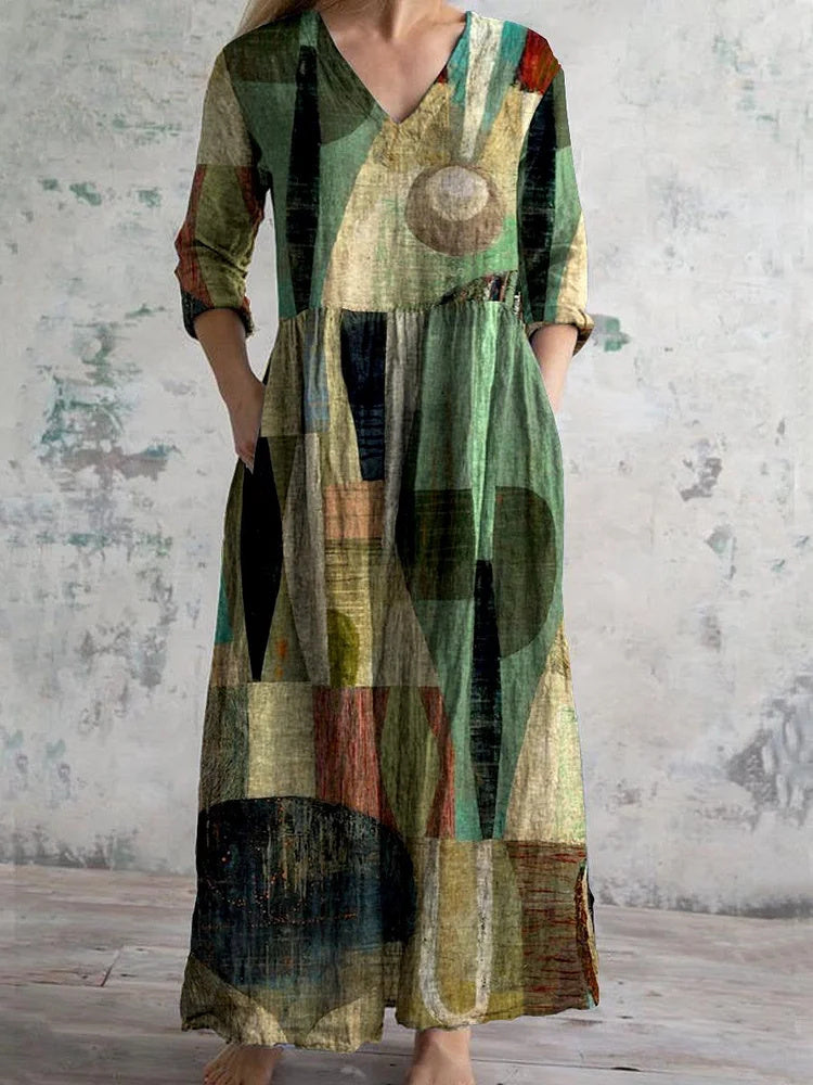 Women's 3/4 Sleeve V-neck Floral Printed Midi Dress