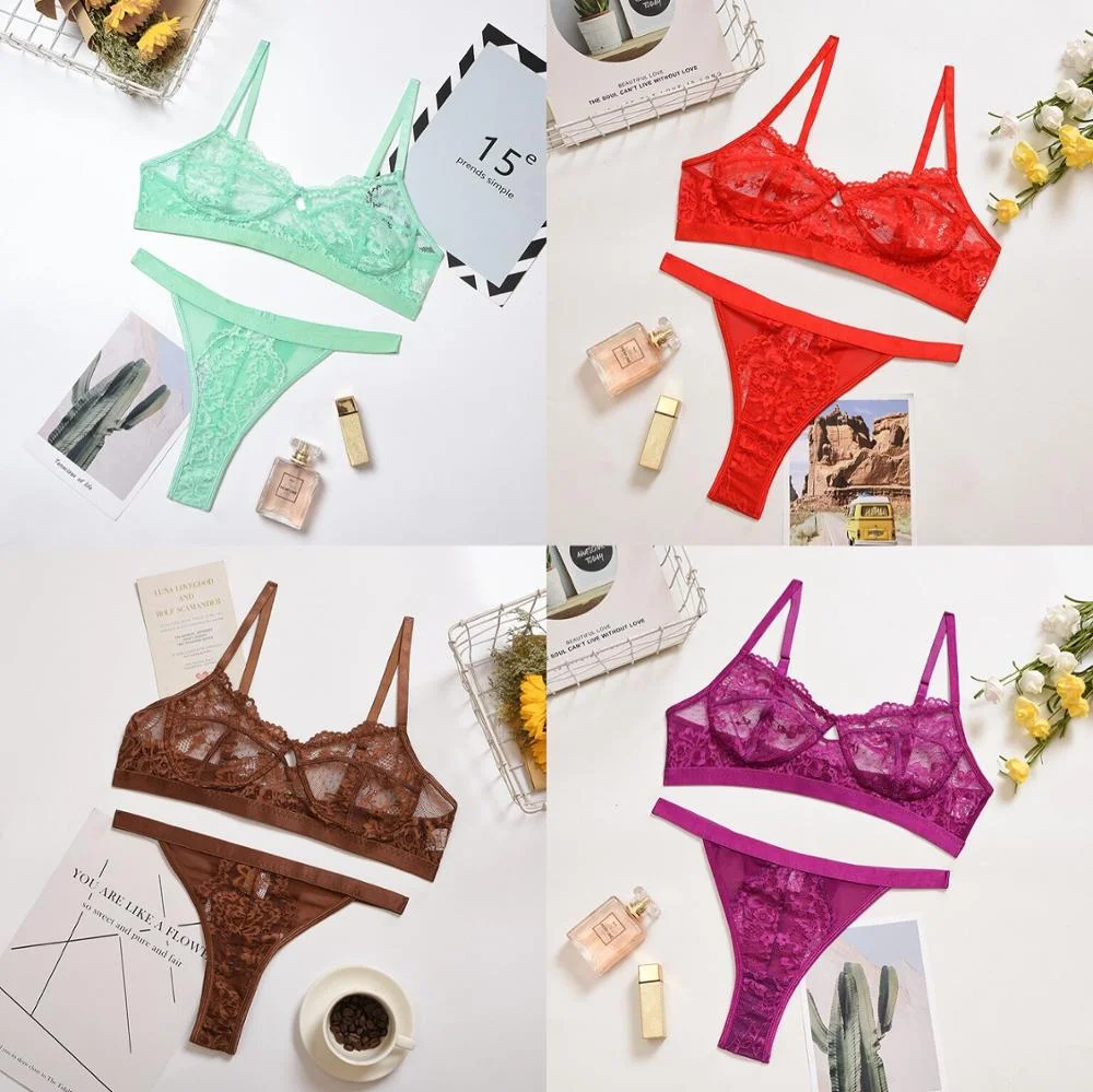 Ellolace Sexy Lace Lingerie Women's Underwear Sensual Solid Brief Sets Wireless Transparent Bra And Panty Exotic Bilizna Set