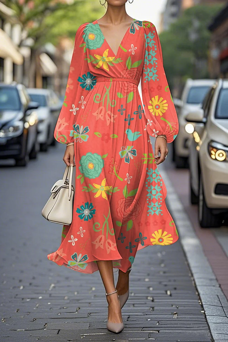 Elegant Floral Print Lantern Sleeve V-Neck A-Line Midi Chiffon Dress