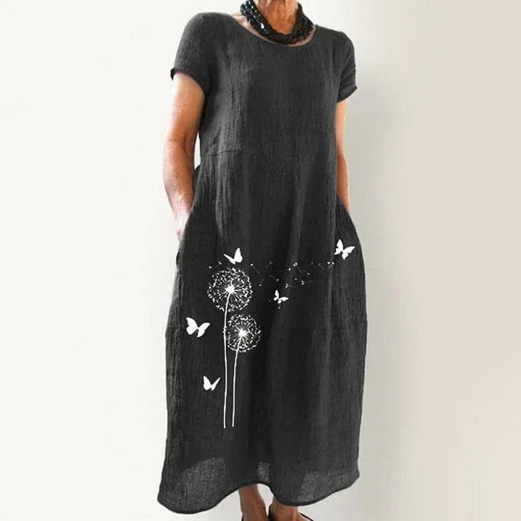 VChics Casual Loose Dandelion Butterfly Print Linen Midi Dress