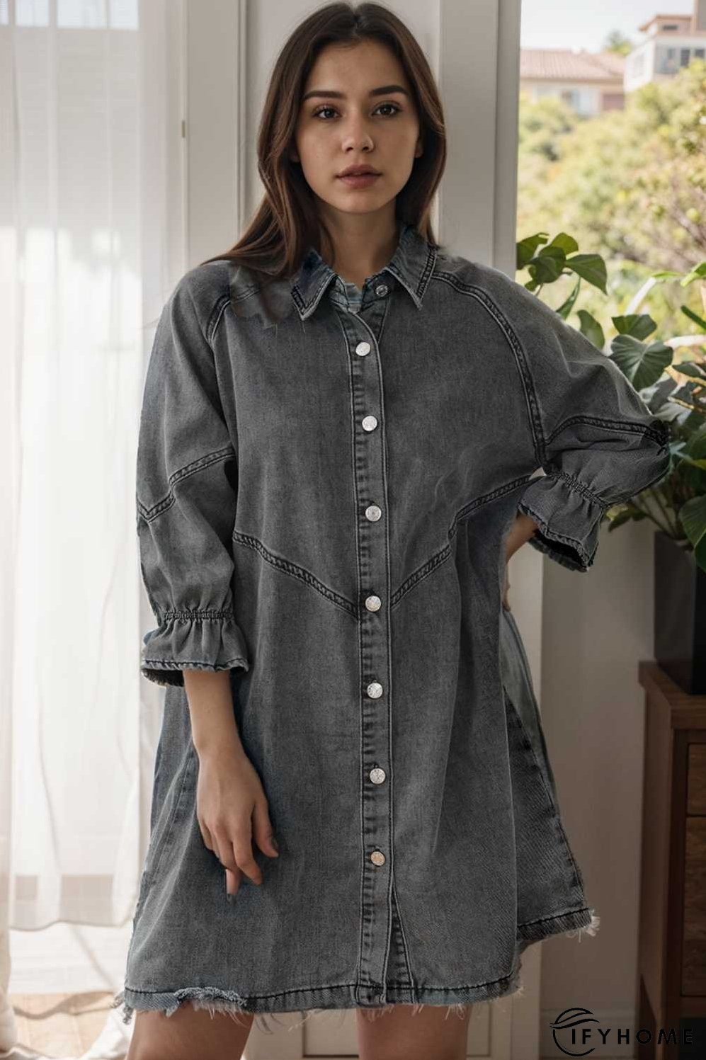down loose short sleeve denim jean dress drop shoulder a line paneled peasant closed bateau v neck dress | IFYHOME