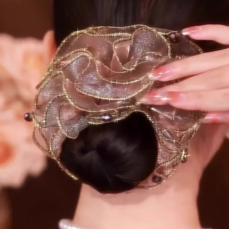 elegant beads decorative mesh flower hair loop elastic hair rope vintage hair styling accessories for women and daily use details 0
