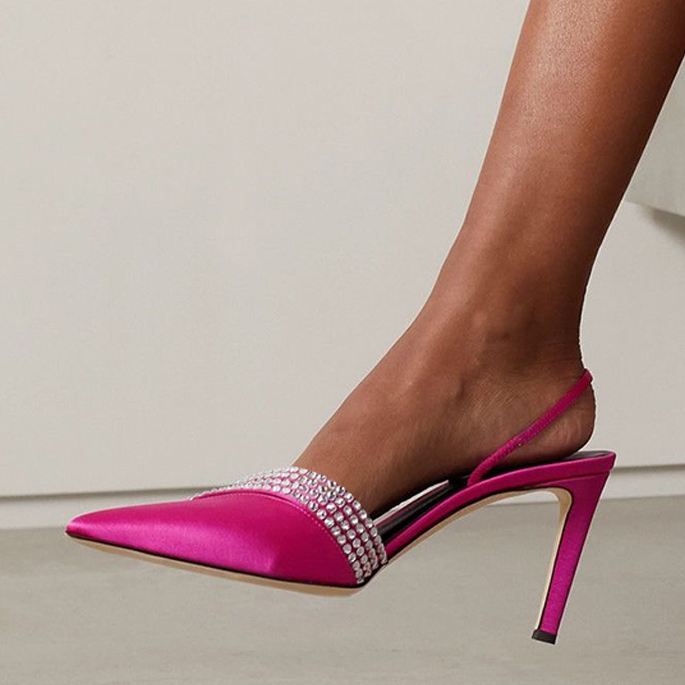 Fuchsia Satin Pointed Toe Stiletto Heel Rhinestone Slingback Pumps Nicepairs