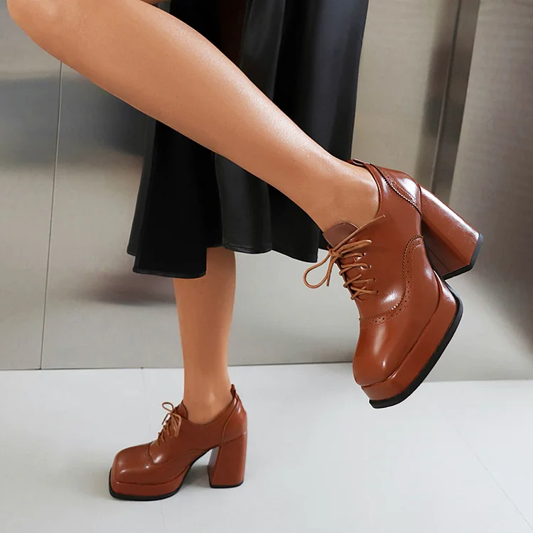 Brown Chunky Heel Vintage Square Toe Loafer Pump Classic Lace Up Shoes With Platform |FSJ Shoes