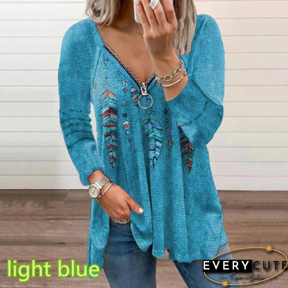 Spring and Early Autumn New Fashion Womens Feather Plaid Printed Casual Plus Size Long