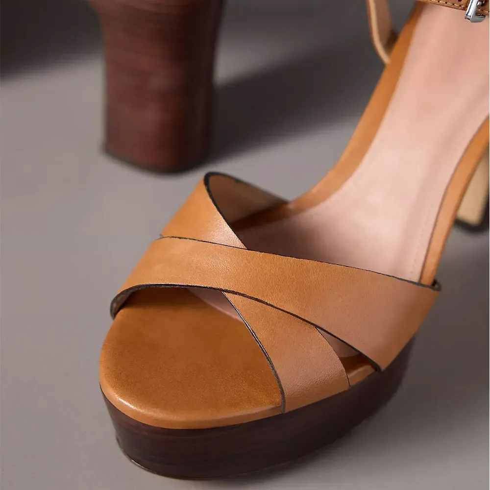 Tan Platform Chunky Heel Ankle Strap Buckle Summer Sandals