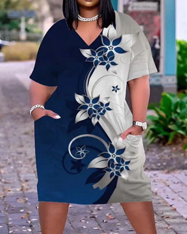 Plus Size V-Neck Short Sleeve Spring Summer Casual Dress
