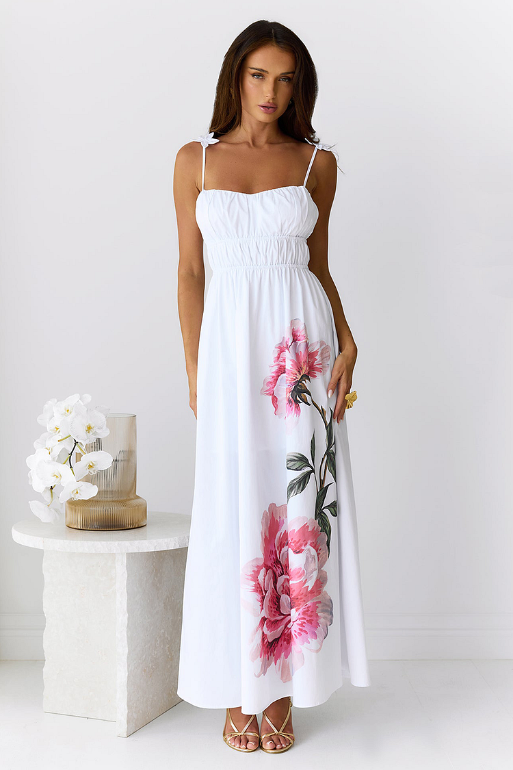 Floral Print Open Back Floral Applique Slip Maxi Dresses-White [Pre Order]