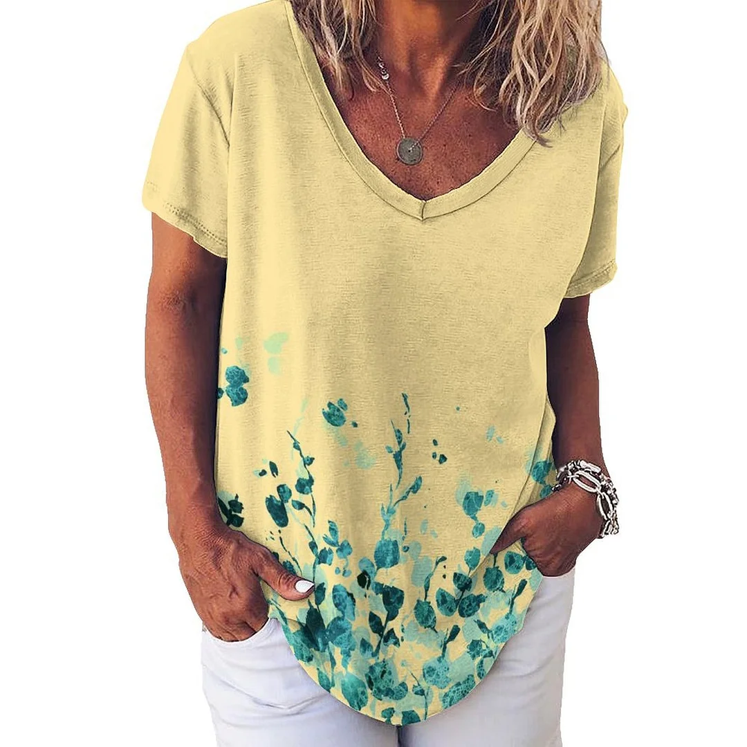 V-neck Short Sleeve Casual T-shirt for  Women Printed with Pattern Blue, Yellow, Floral