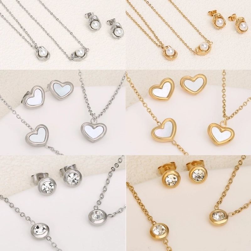 Princess Sweet Round Heart Shape 304 Stainless Steel Imitation Pearl Rhinestone Jewelry Set