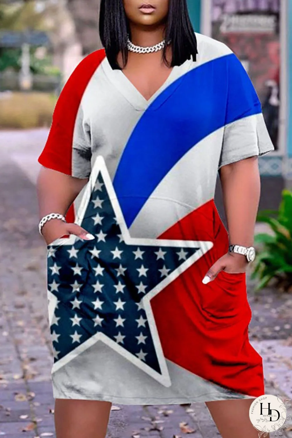 White Blue Red Casual Print Patchwork V Neck Dresses