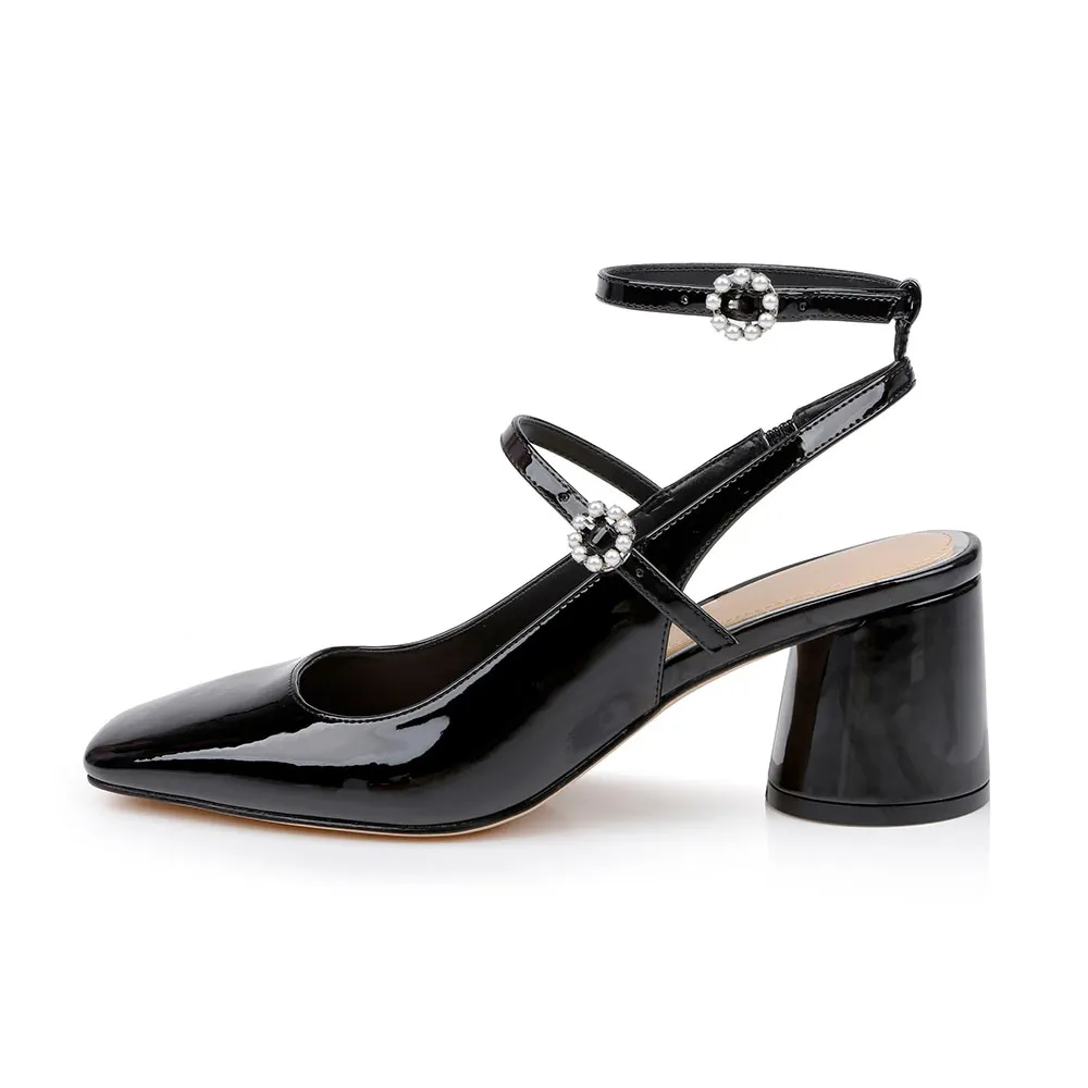 Black Patent Leather Block Heel Ankle Strap Slingback Pumps for Women