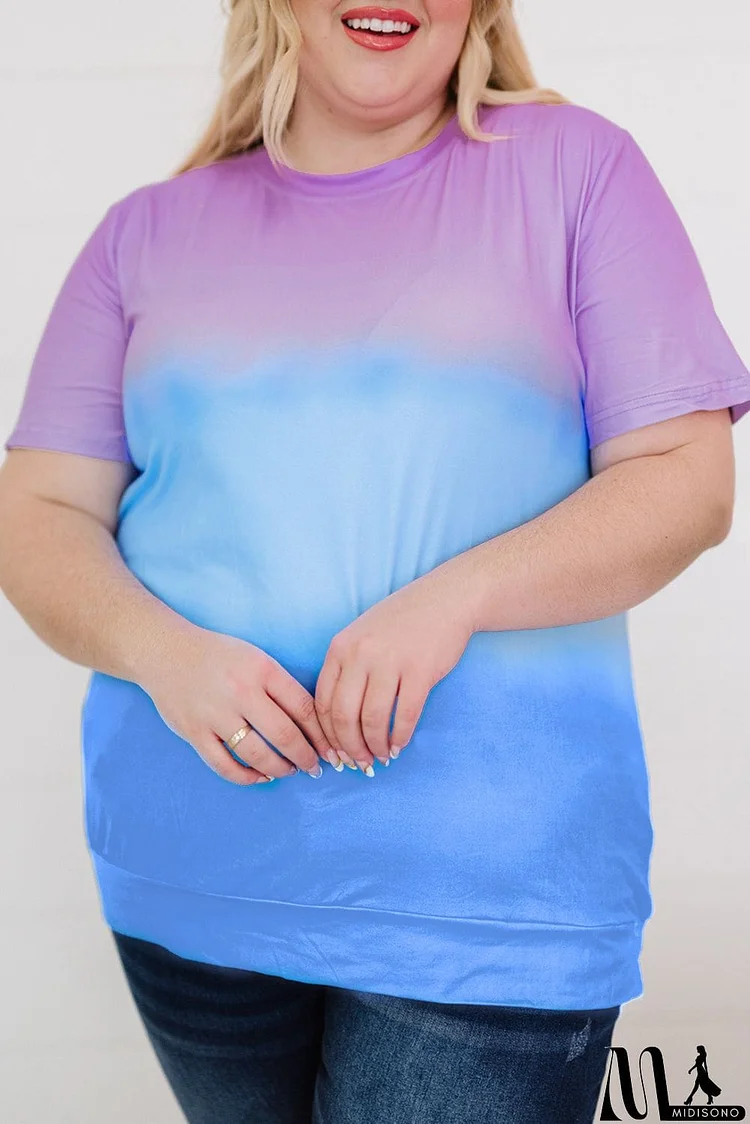 Crew Neck Tie-dye Colorblock Plus Size Tee