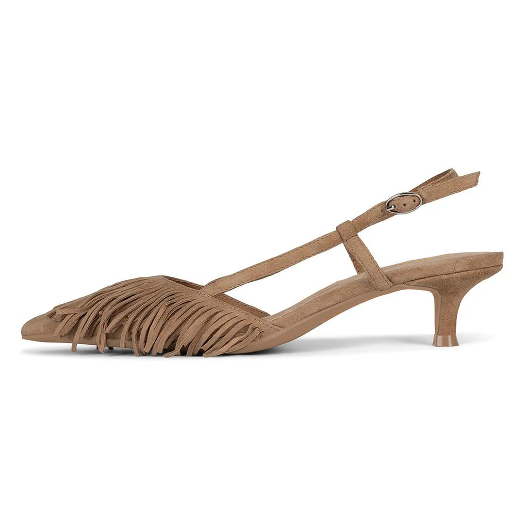 Faux Suede Fringe Inlay Buckle Slingback Kitten Heel Pumps in Beige