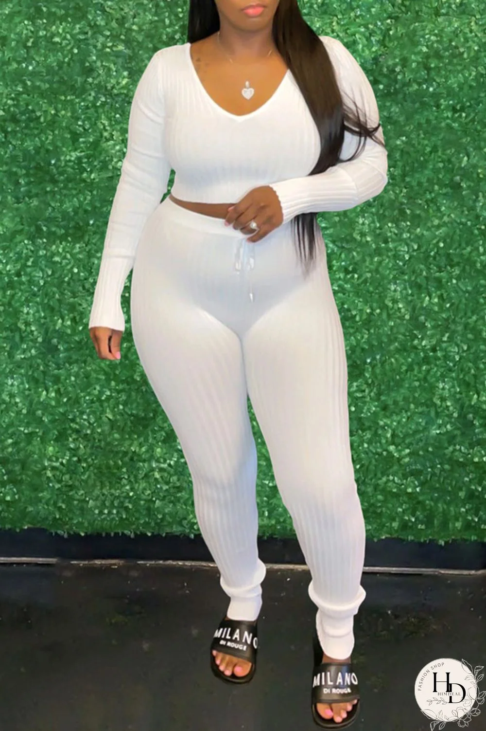 White Fashion Casual Solid Basic V Neck Long Sleeve Two Pieces