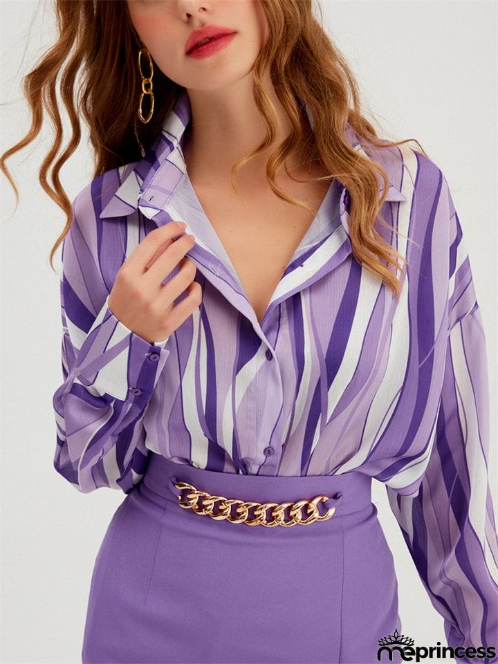 Comfort Button Down Striped Blouses for Office Lady