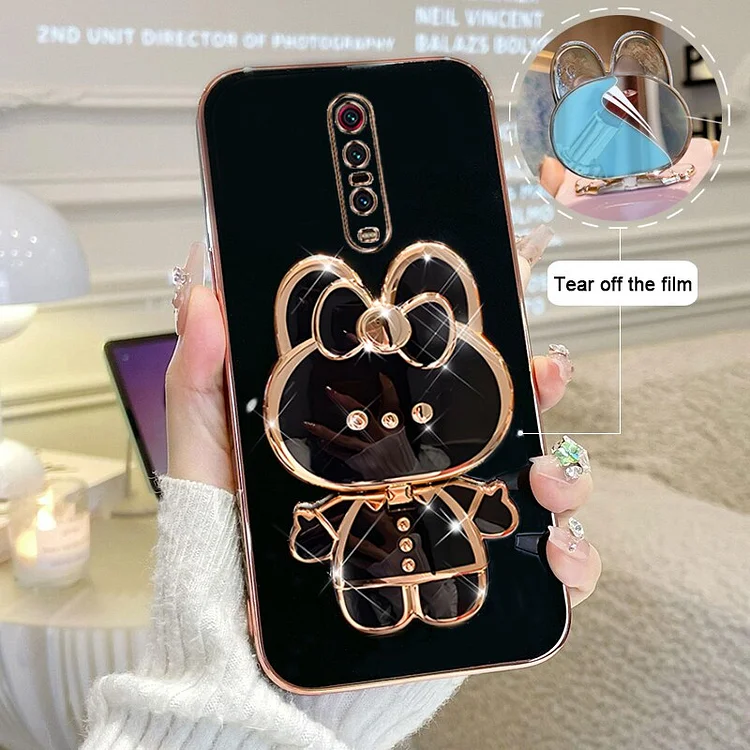 For Xiaomi 9T Pro Phone Case Soft Silicone Plating Cartoon Rabbit Fold Stand Makeup Mirror Bracket Cover