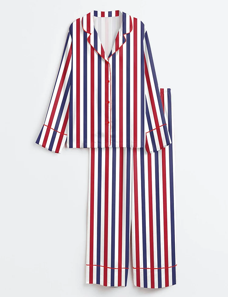 Women&rsquo;s America Flag Red White And Blue Stripe 4th Of July Long Sleeve Satin Pajama Set