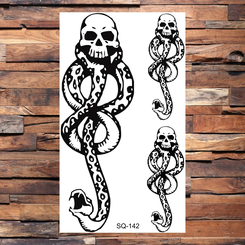 Skeleton Skull Temporary Tattoos For Women Adults Realistic Wolf Snake Rose Flower Feather Fake Tattoo Sticker Back Tatoos Body