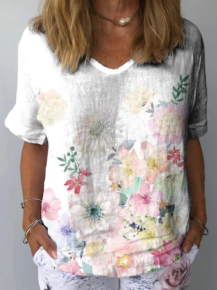 Plain Floral Print Women's Print Casual Cotton And Linen Shirt