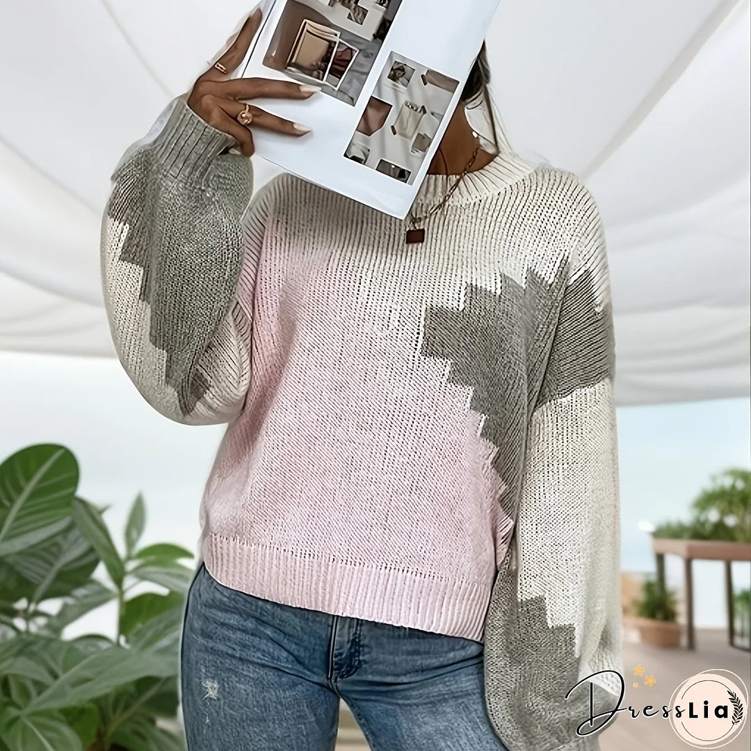 Color Block Crew Neck Sweater, Casual Long Sleeve Drop Shoulder Sweater, Women's Clothing