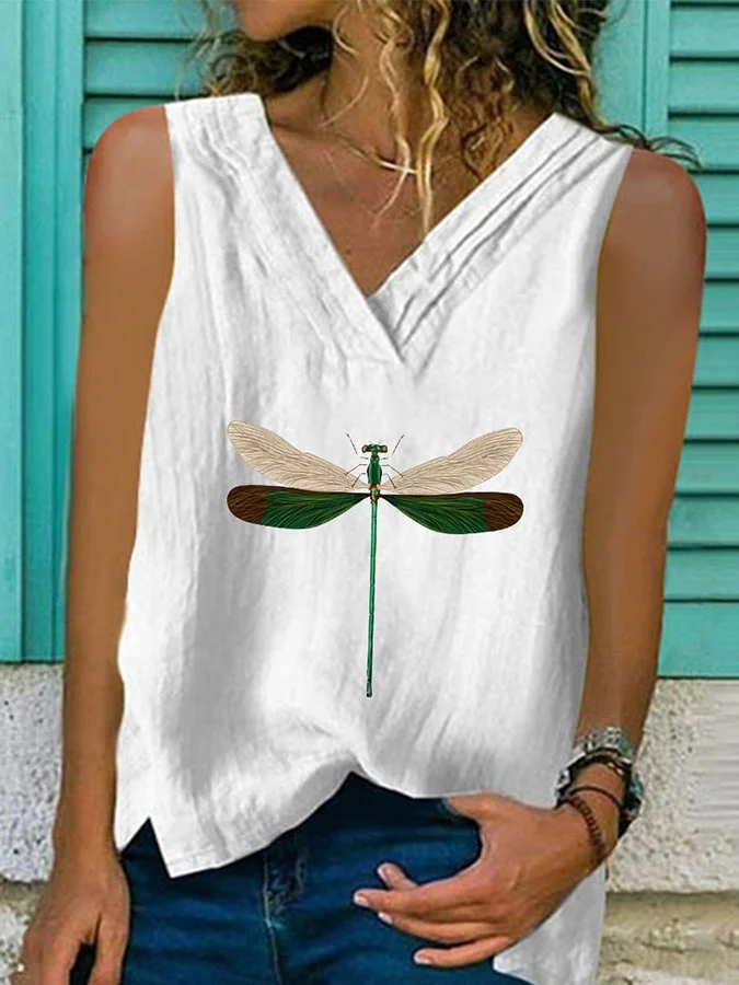 Women's Cotton Linen Fashion Casual V-neck Dragonfly Print Vest-mysite