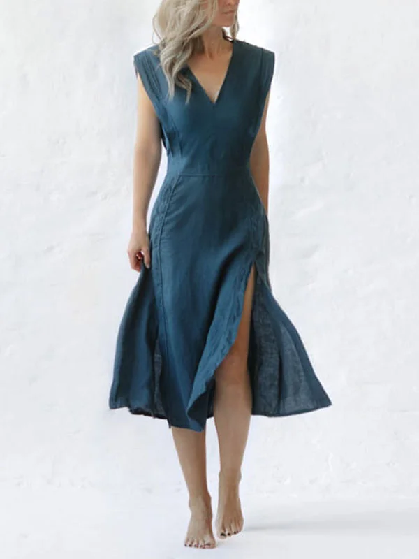 Elegant V-Neck With Side Slit Midi Dress